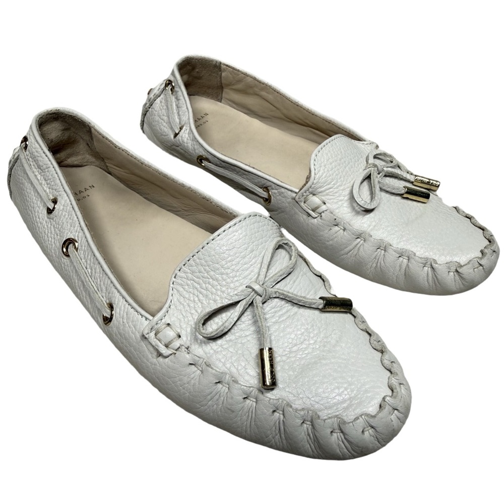 Cole Haan White Leather Driving Loafers Moc Toe Bow Size 7.5
